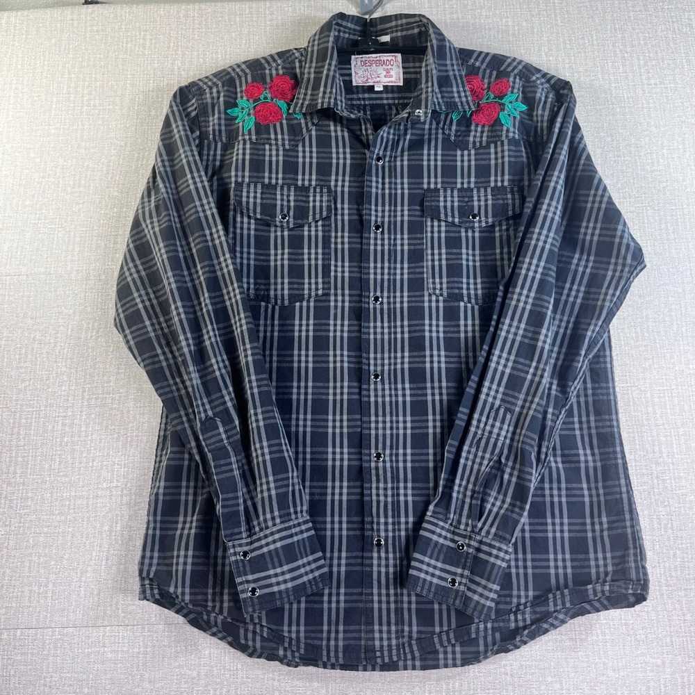 Desperado Mens Black Plaid Rose Embroidered Western Snap Front Slim Fit Shirt M